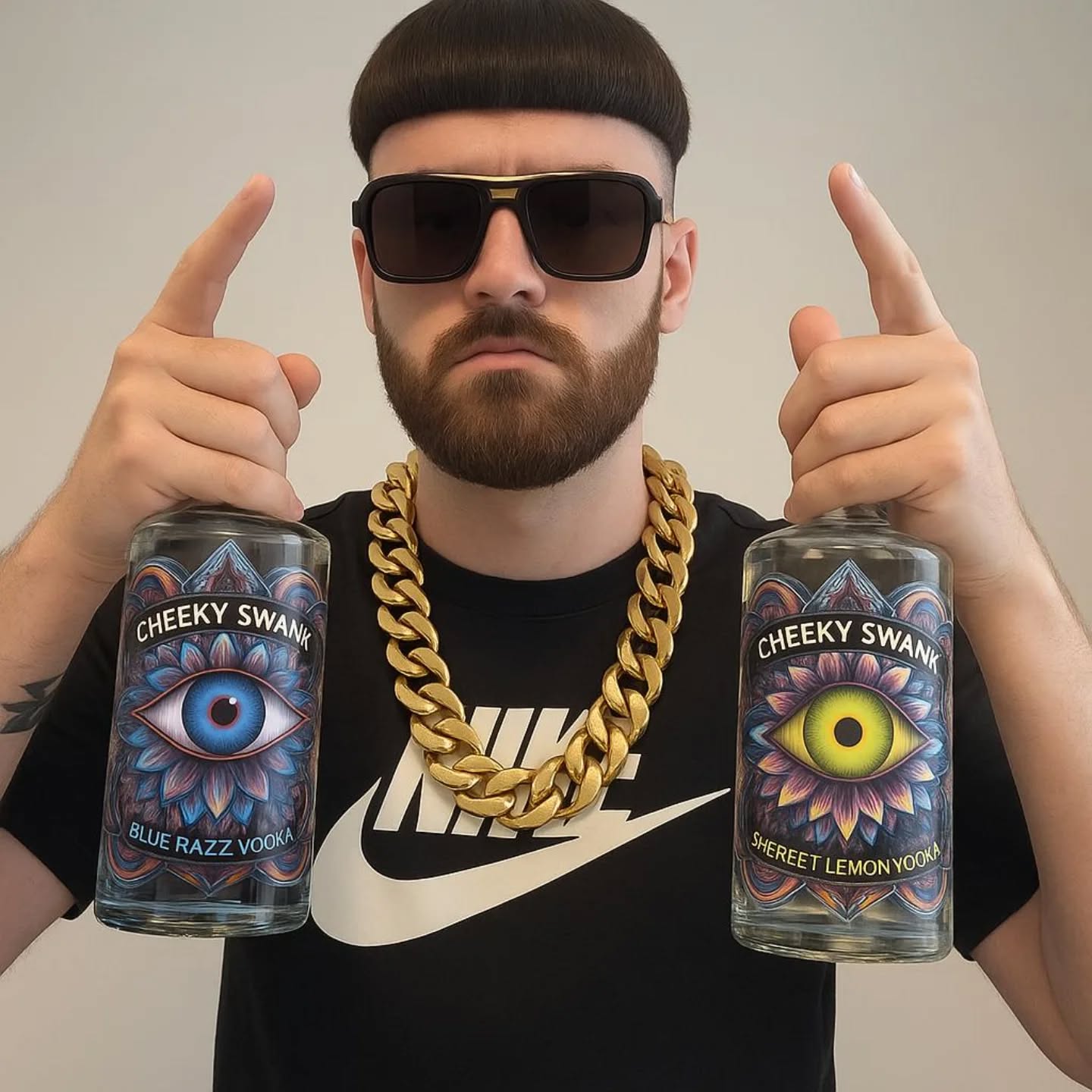 Man holding two bottles of Cheeky Swank vodka, showcasing Blue Razz and Shreet Lemon flavors, wearing sunglasses and a gold chain.