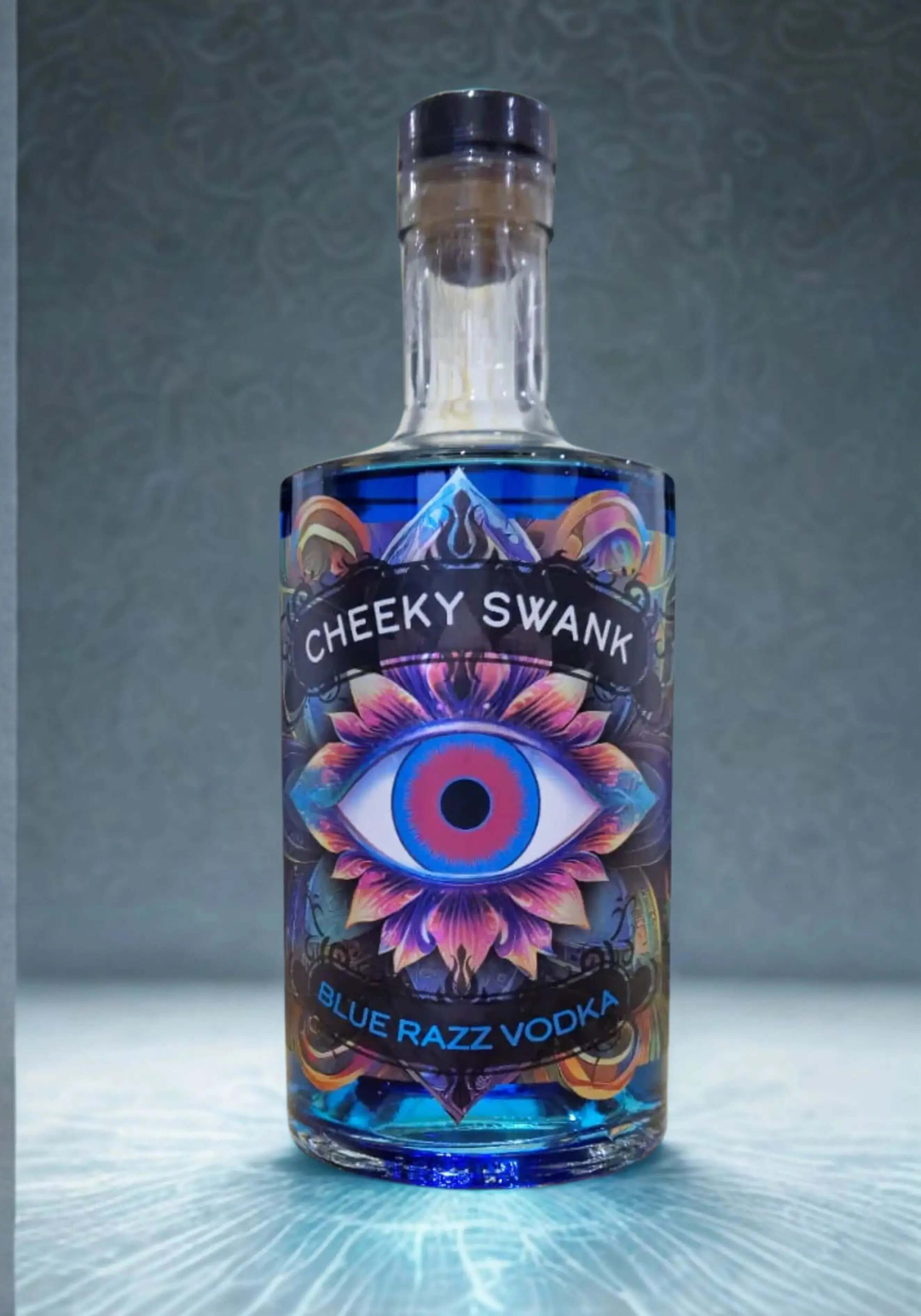 Cheeky Swank Blue Razz Vodka bottle featuring vibrant blue color and eye-catching design.