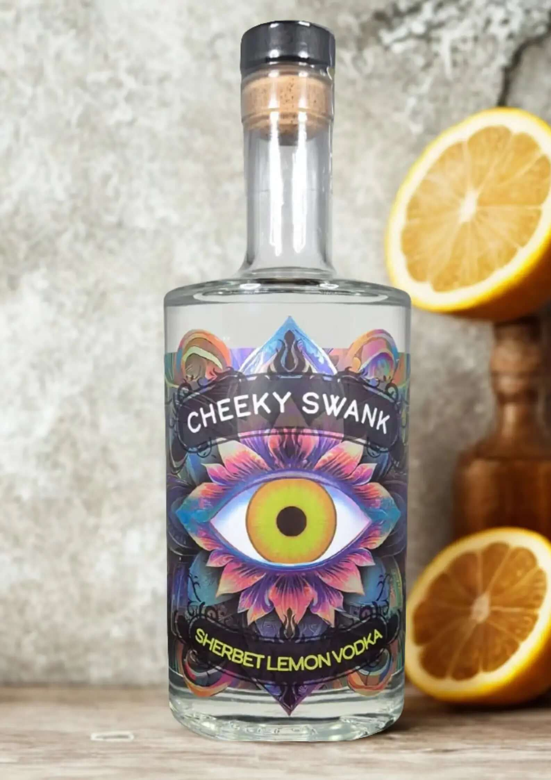 Cheeky Swank Sherbet Lemon Vodka bottle with vibrant label and lemon slices in the background.