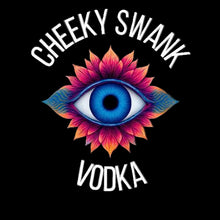 Cheeky Swank Vodka logo with a colorful eye design on a black background