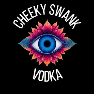 Cheeky Swank Vodka logo with a colorful eye design on a black background