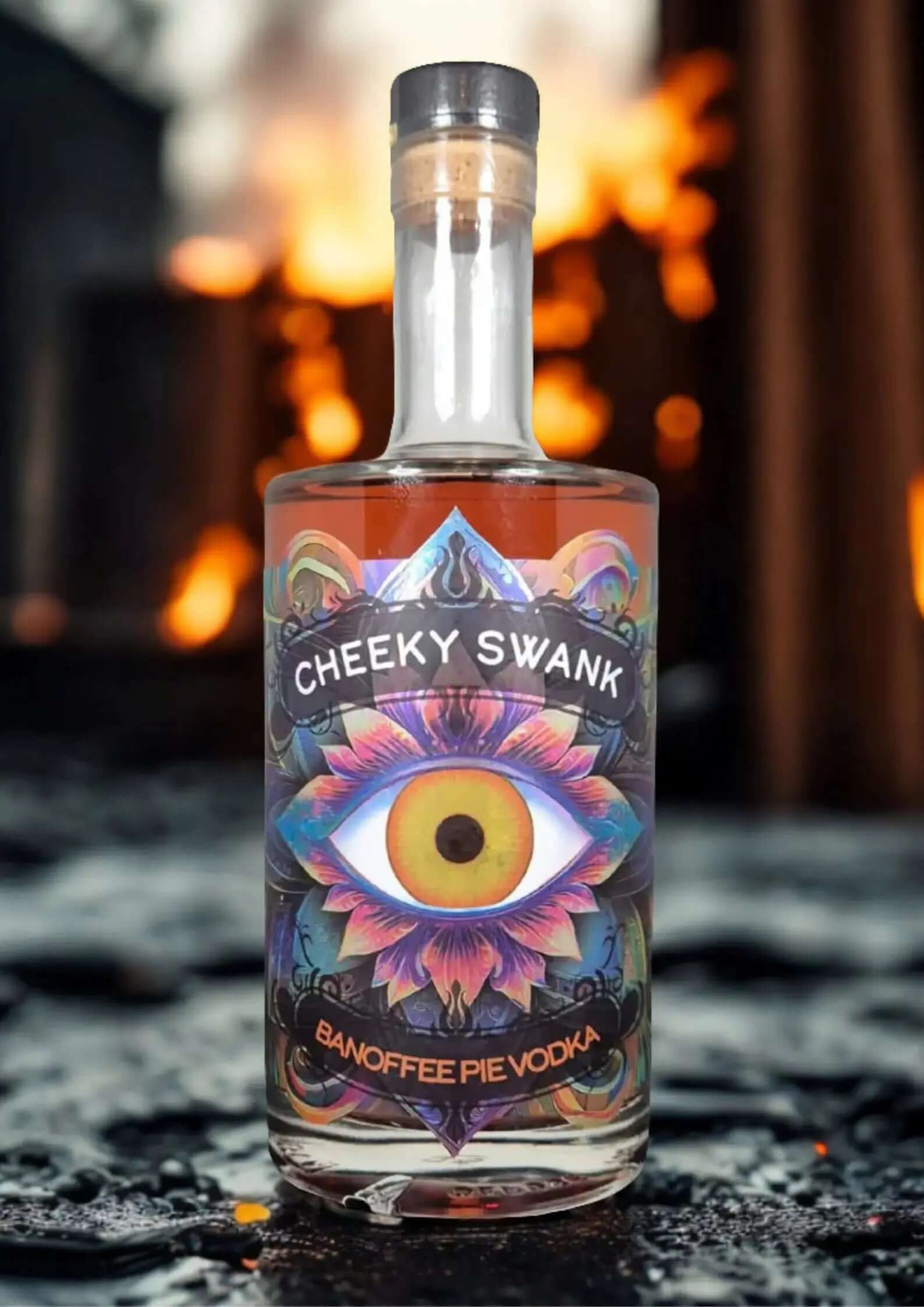Cheeky Swank Banoffee Pie Vodka bottle with colorful label in a dramatic background