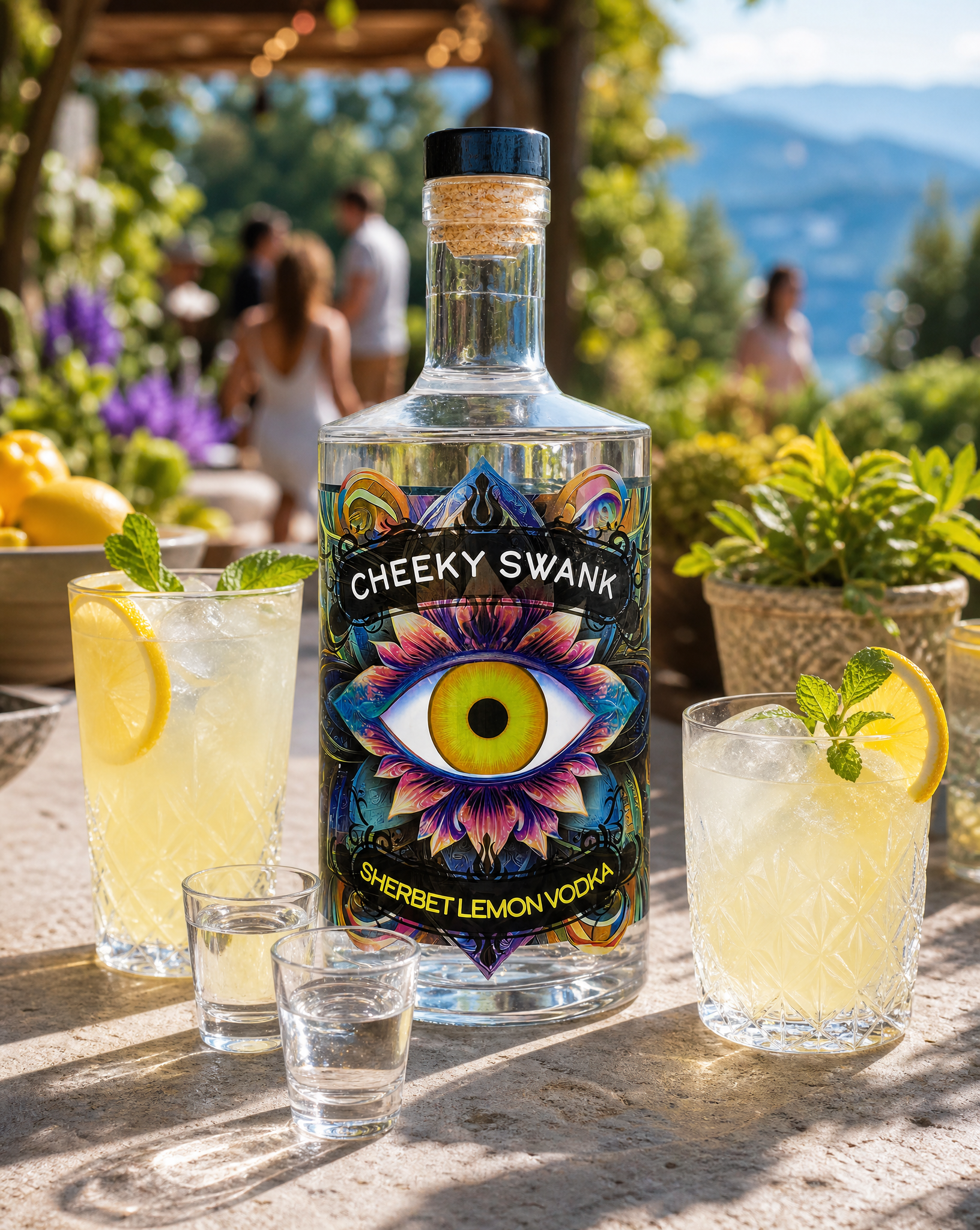 Cheeky Swank Sherbet Lemon vodka bottle with lemonade serves and shot glasses