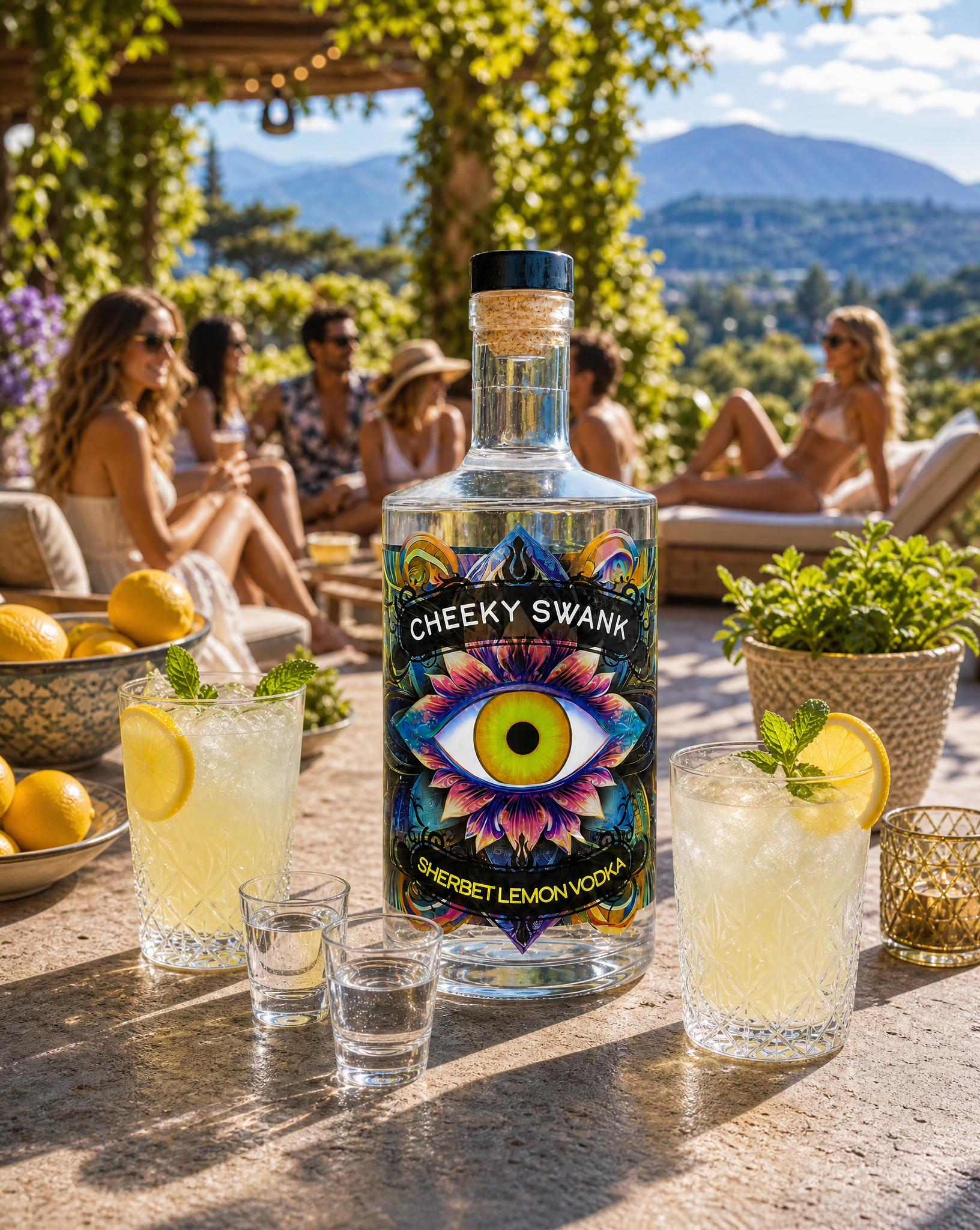 Cheeky Swank Sherbet Lemon 70cl bottle in the foreground at a sunny garden party with lemon cocktails