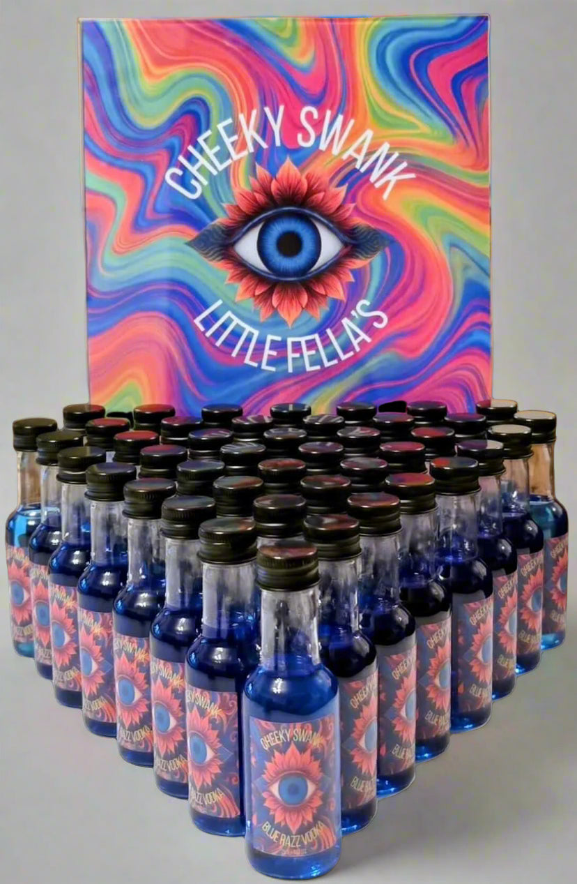 Display of Cheeky Swank Blue Razz vodka miniatures with colorful branded packaging.